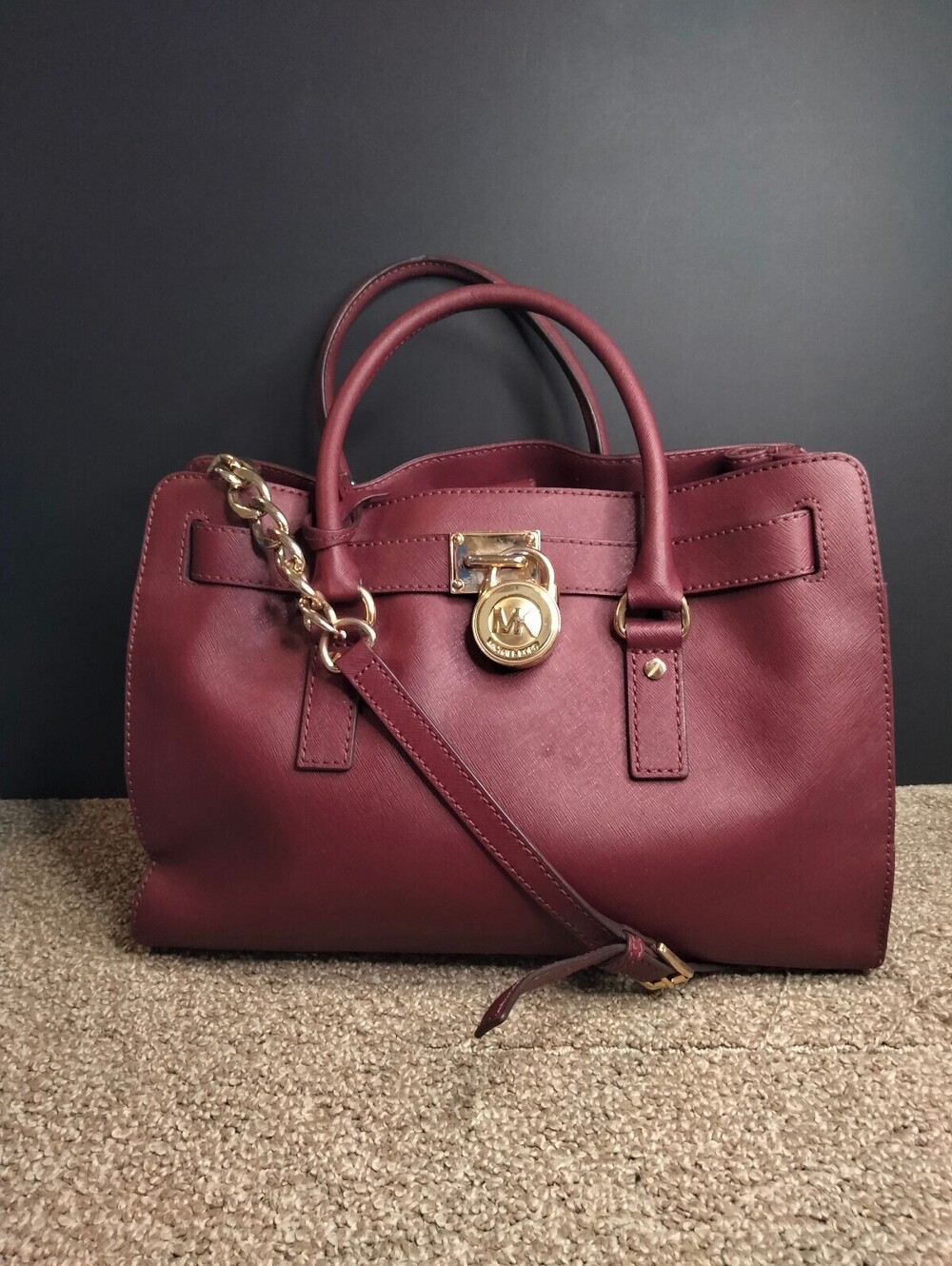 Michael Kors Hamilton Satchel Bag Burgundy Saffiano Leather Pink Purse Gold Tote